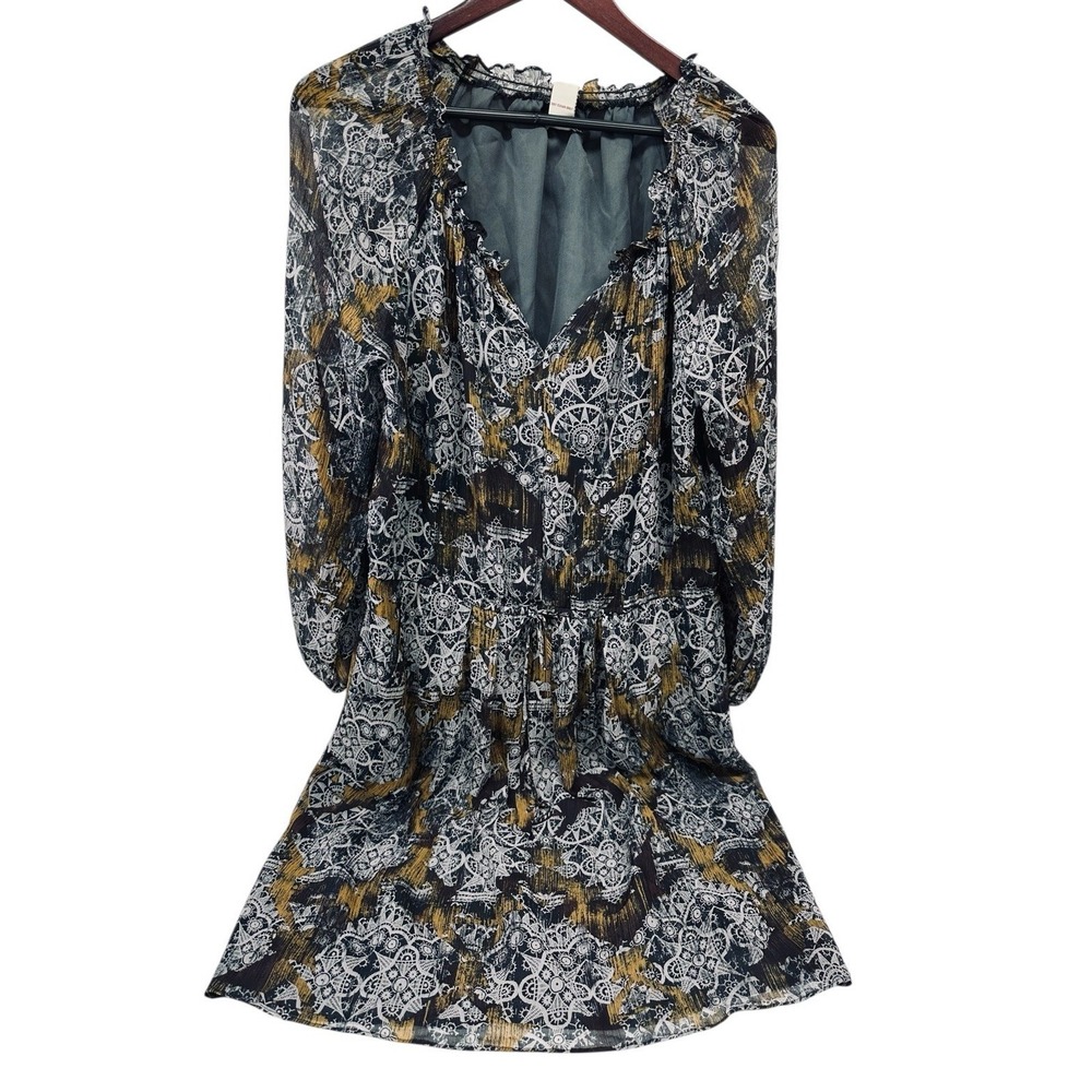 Sundance Silk Midi Dress Womens Large Boho Geometric Print Pockets V-Neck Multi